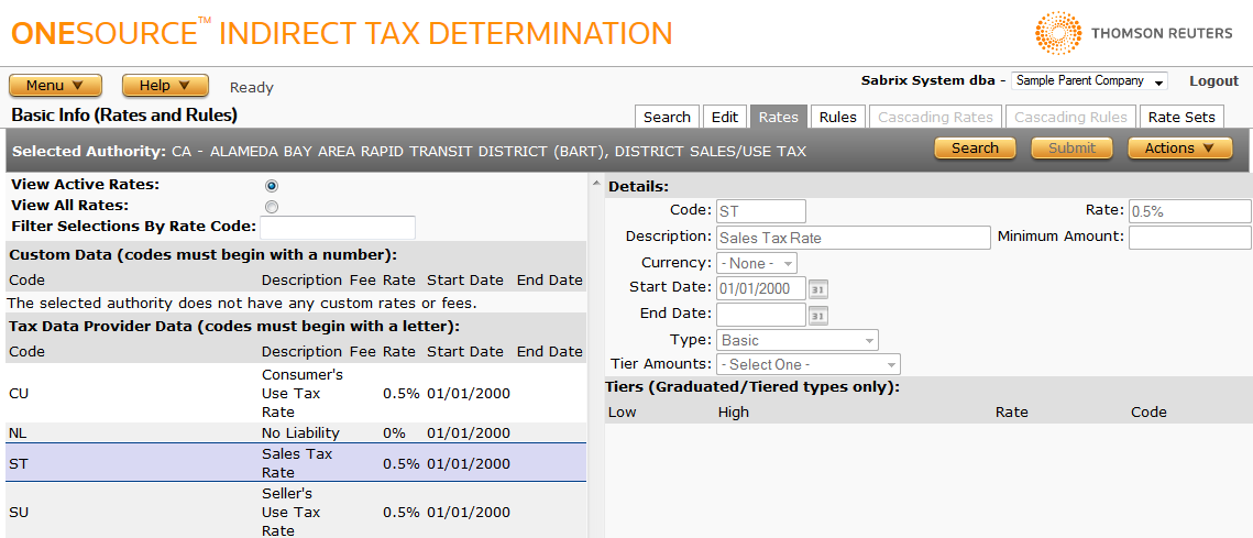 ONESOURCE Indirect Tax Determination Screenshot: Authorities Page > Rates Tab > Rate